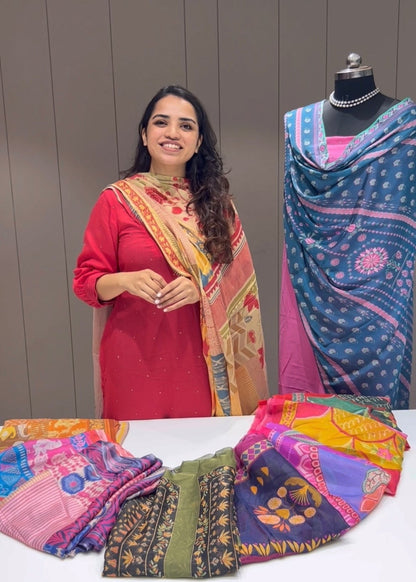 Beige & Multicolor Pure Chinon Printed Dupatta