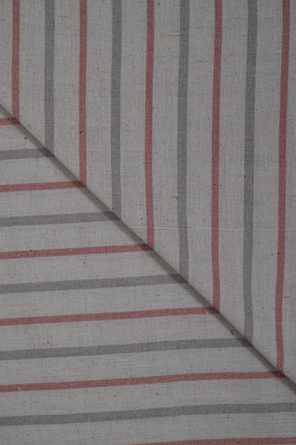 Red & Grey Stripes Handloom Cotton Shirting Fabric (Width 44 Inches)