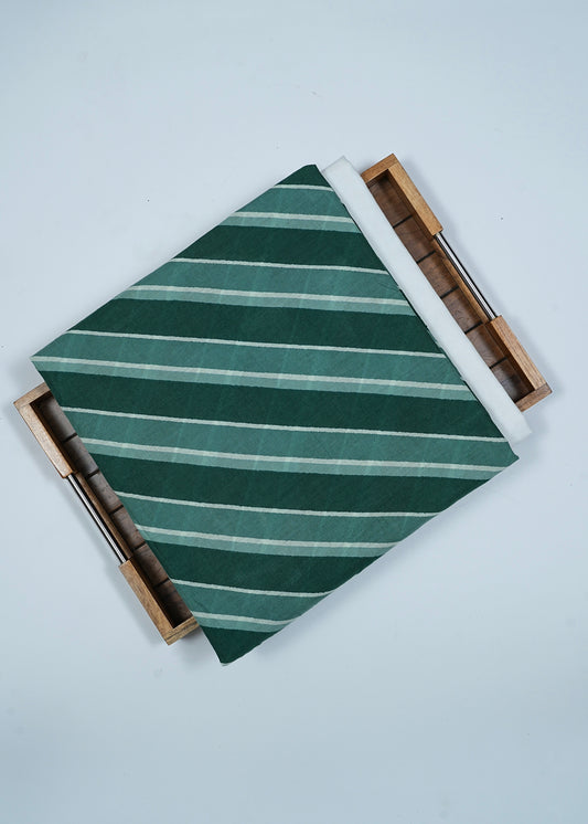 Unisex Green Stripes Pure Cotton Kurta Fabric & White Pure Cotton Pyjama Fabric (2.5 Meters)