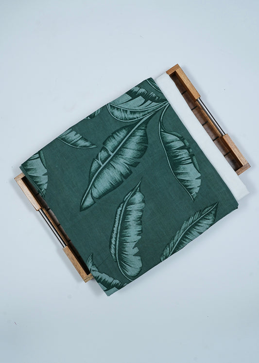 Unisex Leaf Green Printed Pure Soft Cotton Kurta Fabric & White Pure Cotton Pyjama Fabric (2.5 Meters)