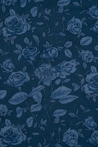 Unisex Dusty Blue Floral Printed Pure Cotton Kurta Fabric & White Pure Cotton Pyjama Fabric (2.5 Meters)