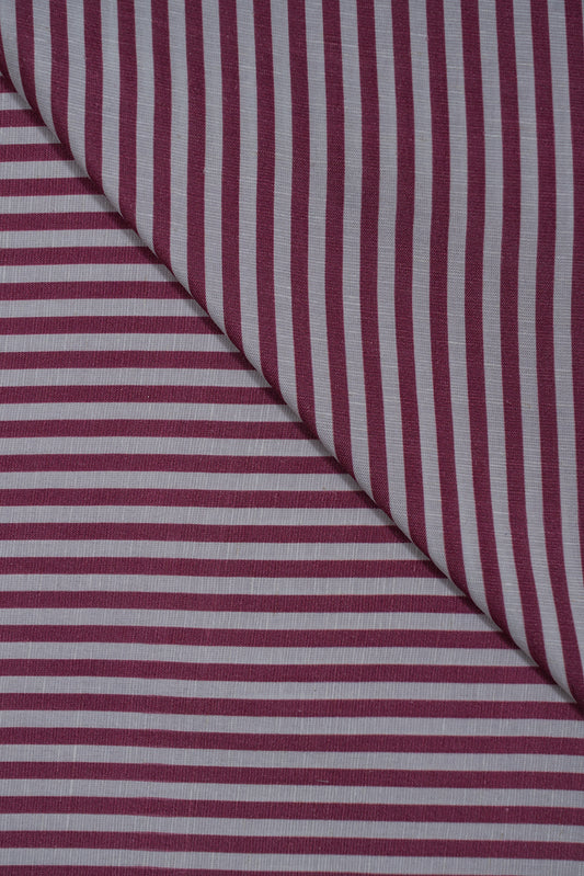Wine Red Thick Stripes Pure Soft Linen Shirting Fabric (Width 44 Inches)