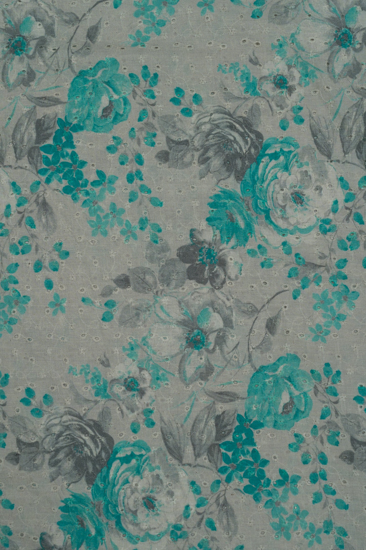 Off White & Bright Teal Floral Printed Pure Cotton Schiffli Embroidered Kurta Fabric And Pure Cotton Pyjama Fabric (2.5 Meters)