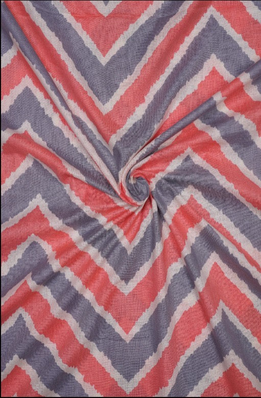 Unisex Peach & Grey Zig-Zag Pattern Printed Pure Cotton Kurta Fabric And White Pure Cotton Pyjama Fabric (2.5 Meters)