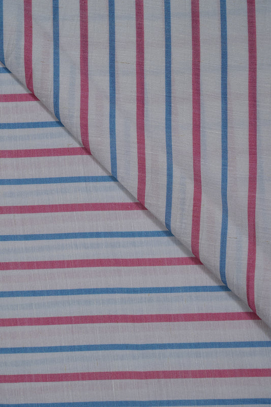 Blue & Red Stripes Pure Soft Linen Shirting Fabric (Width 44 Inches)
