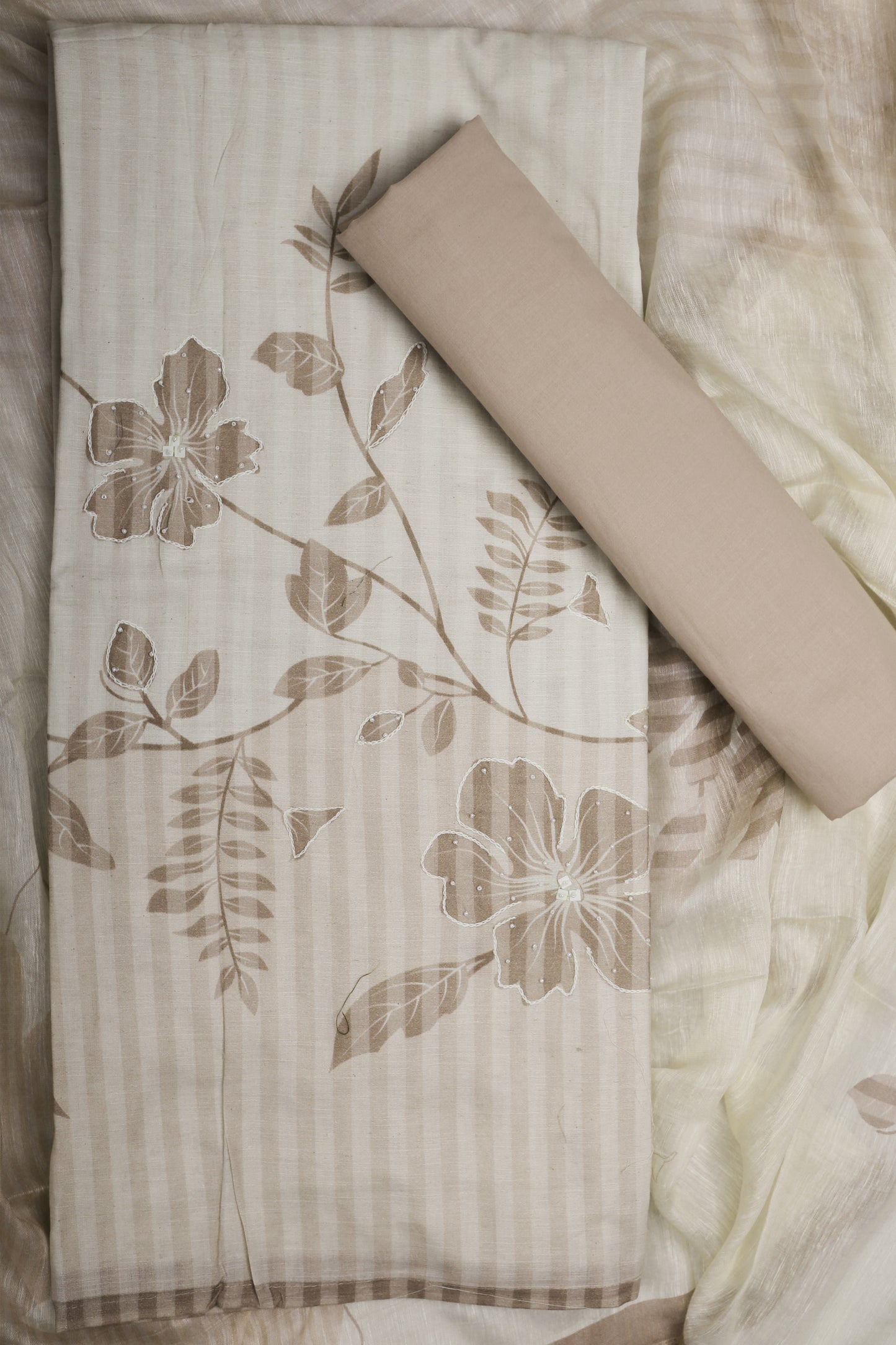 Elegant Beige Floral Striped Unstitched Suit Set