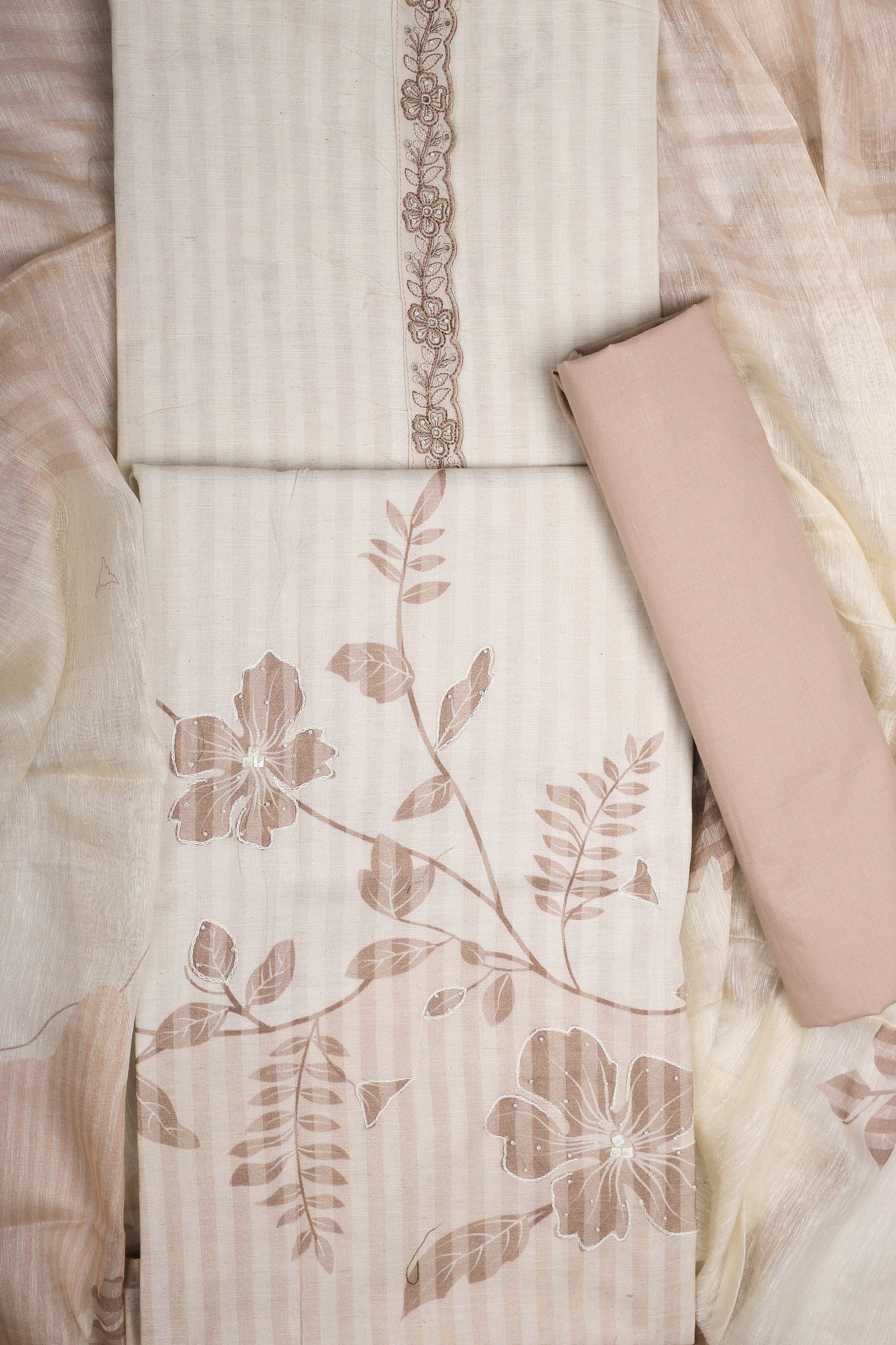 Elegant Beige Floral Striped Unstitched Suit Set