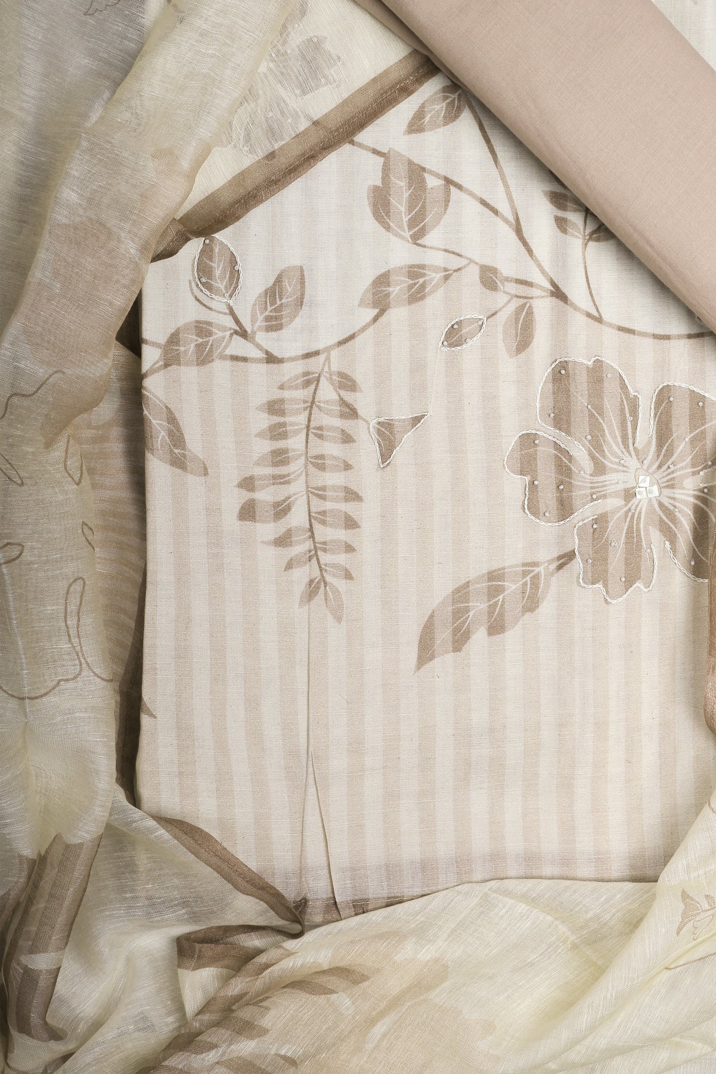 Elegant Beige Floral Striped Unstitched Suit Set