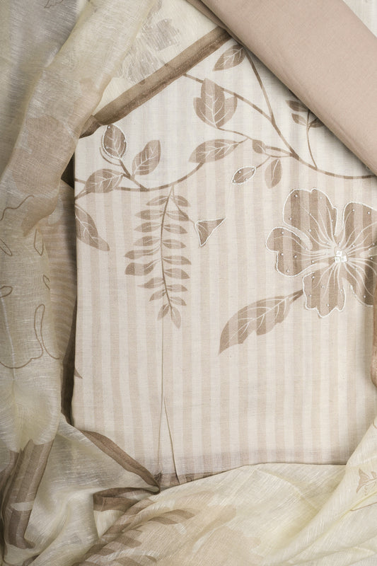 Elegant Beige Floral Striped Unstitched Suit Set