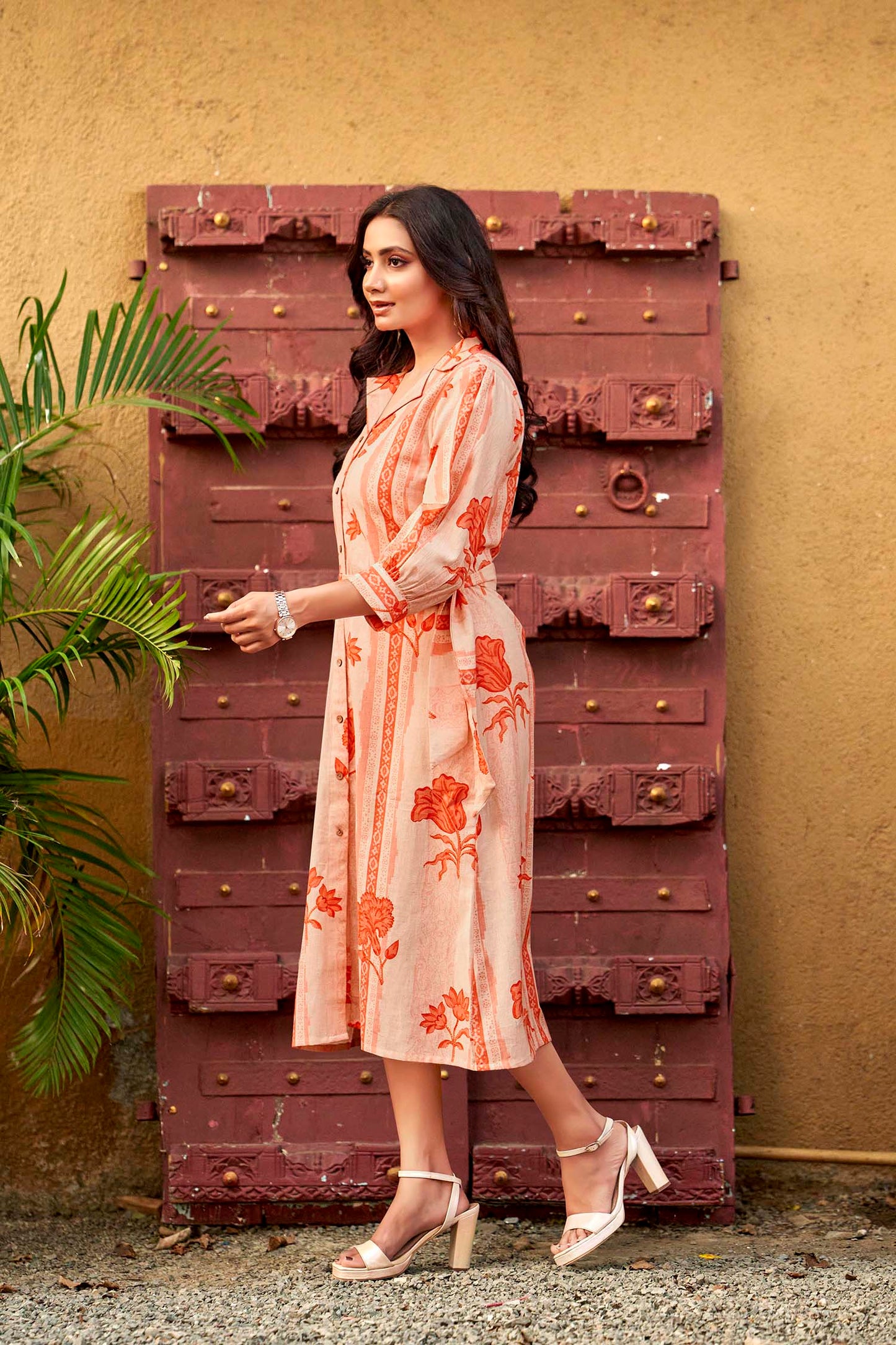 Peach Petal & Stripe Notched Collar Midi Dress with waist tie