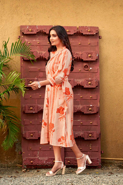 Peach Petal & Stripe Notched Collar Midi Dress with waist tie