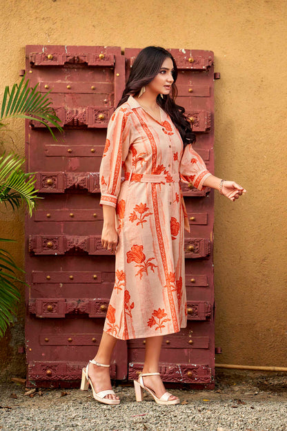 Peach Petal & Stripe Notched Collar Midi Dress with waist tie