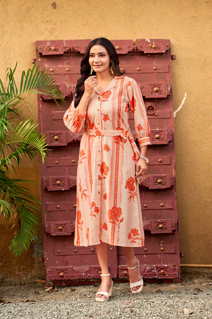 Peach Petal & Stripe Notched Collar Midi Dress with waist tie