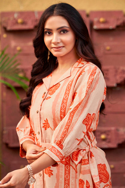 Peach Petal & Stripe Notched Collar Midi Dress with waist tie