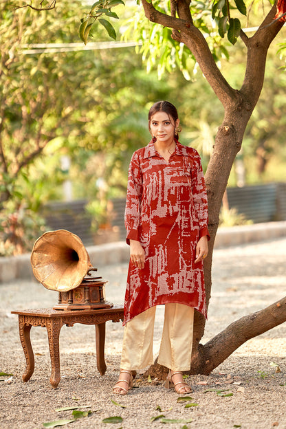 Rust Bandhej Lustrous Silk Kurta