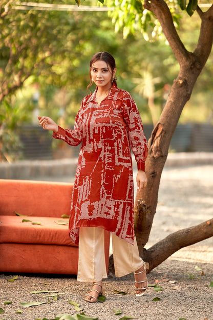 Rust Bandhej Lustrous Silk Kurta