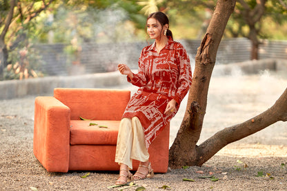 Rust Bandhej Lustrous Silk Kurta