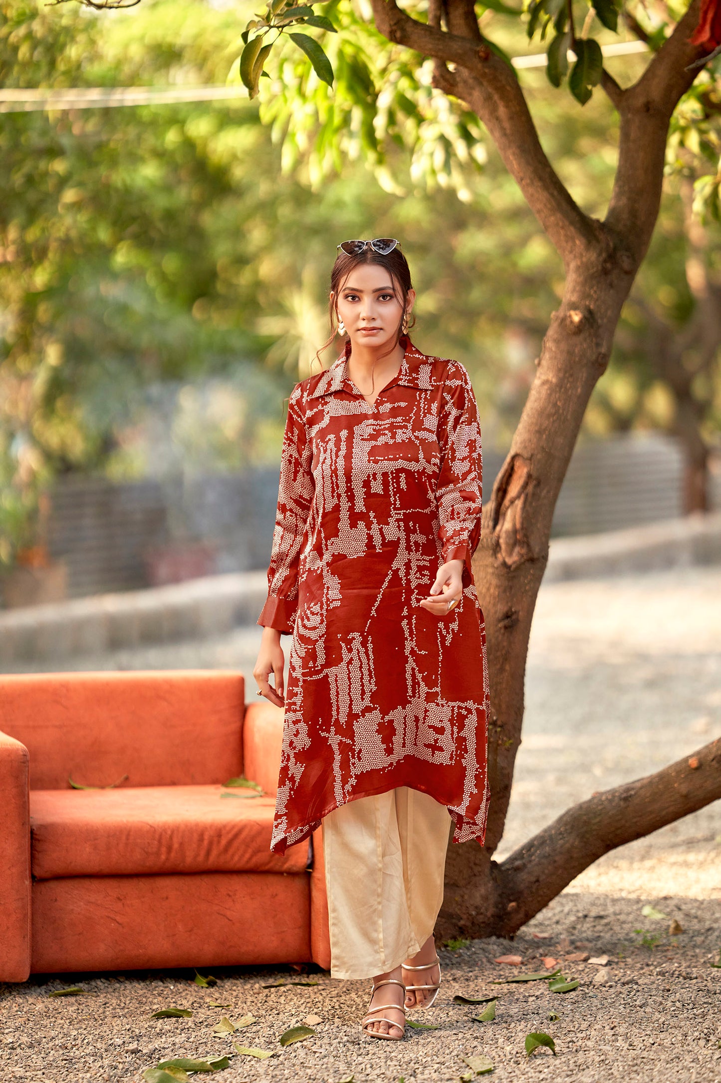 Rust Bandhej Lustrous Silk Kurta