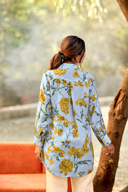 Celestial Blue Bloom Premium Cupro Muslin Shirt