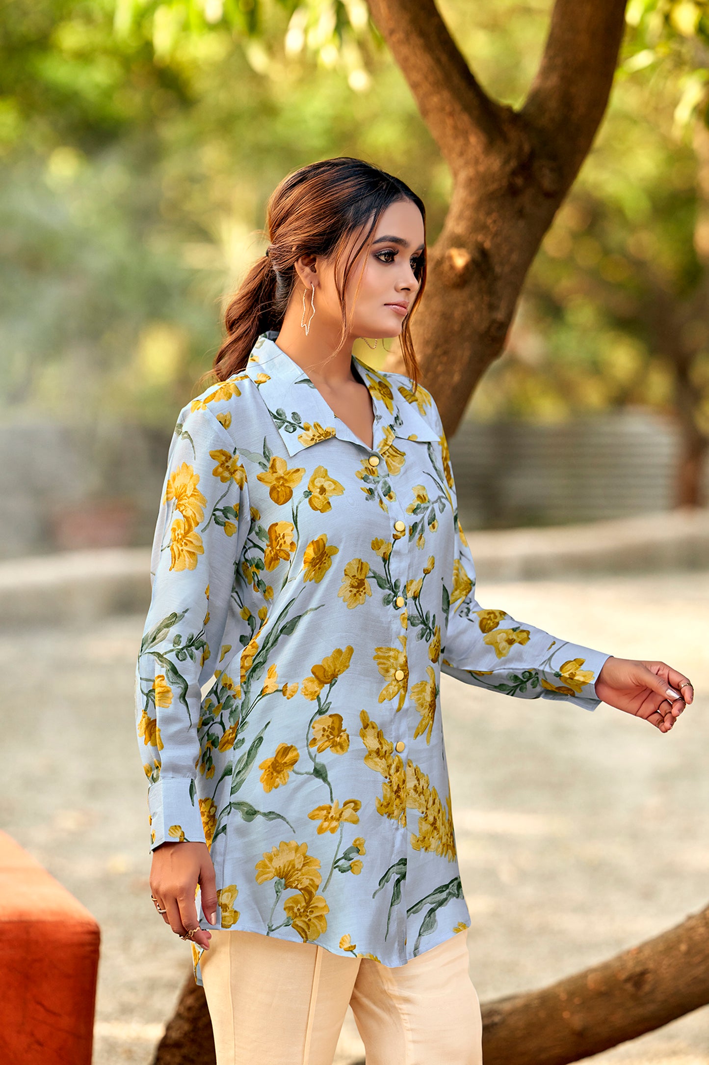 Celestial Blue Bloom Premium Cupro Muslin Shirt