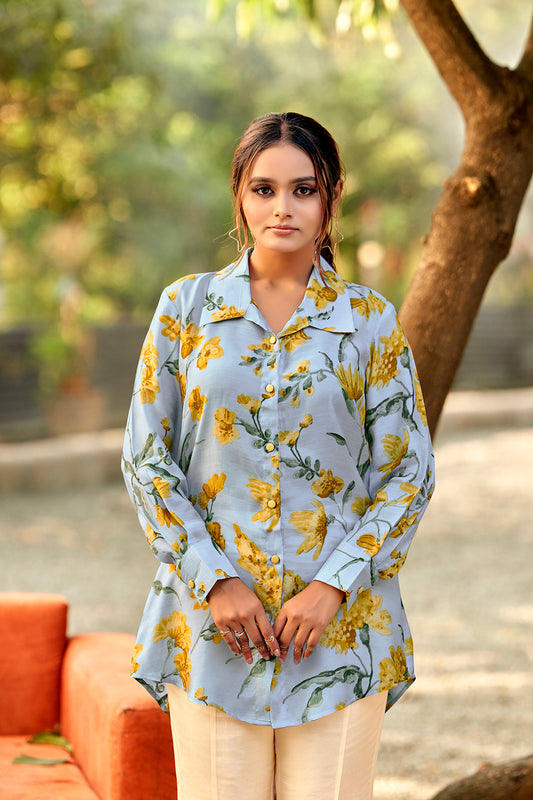 Celestial Blue Bloom Premium Cotton Silk Shirt