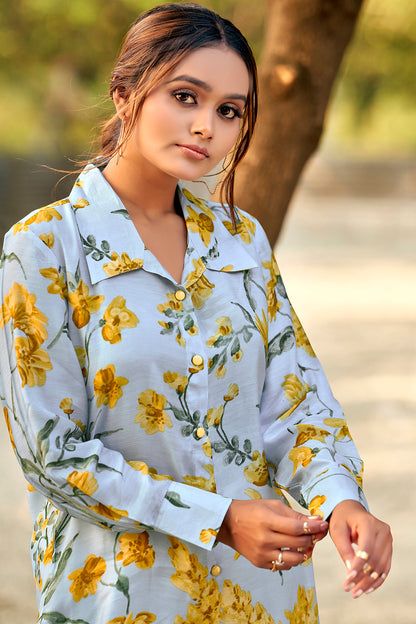 Celestial Blue Bloom Premium Cupro Muslin Shirt