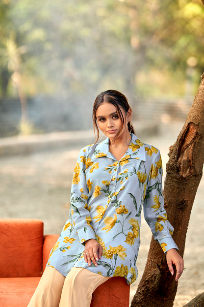 Celestial Blue Bloom Premium Cupro Muslin Shirt
