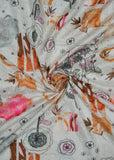 Silver & Multicolour Abstract Printed Pure Muslin Schiffli Embroidered Fabric