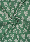 Green & White Floral Pure Cotton Hand Block Printed Fabric