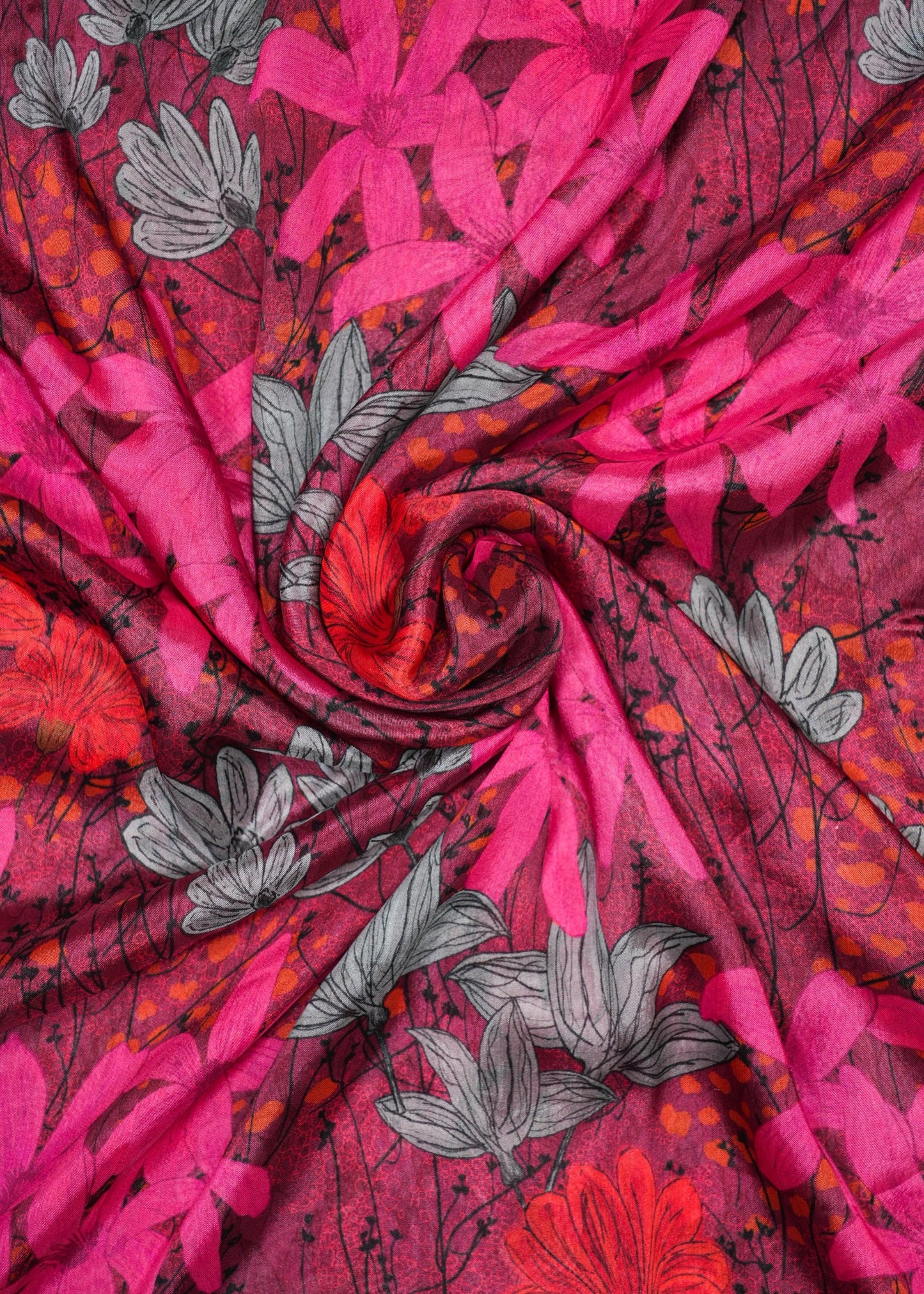 Crimson Red & Pink Floral Printed Pure Chinon Fabric