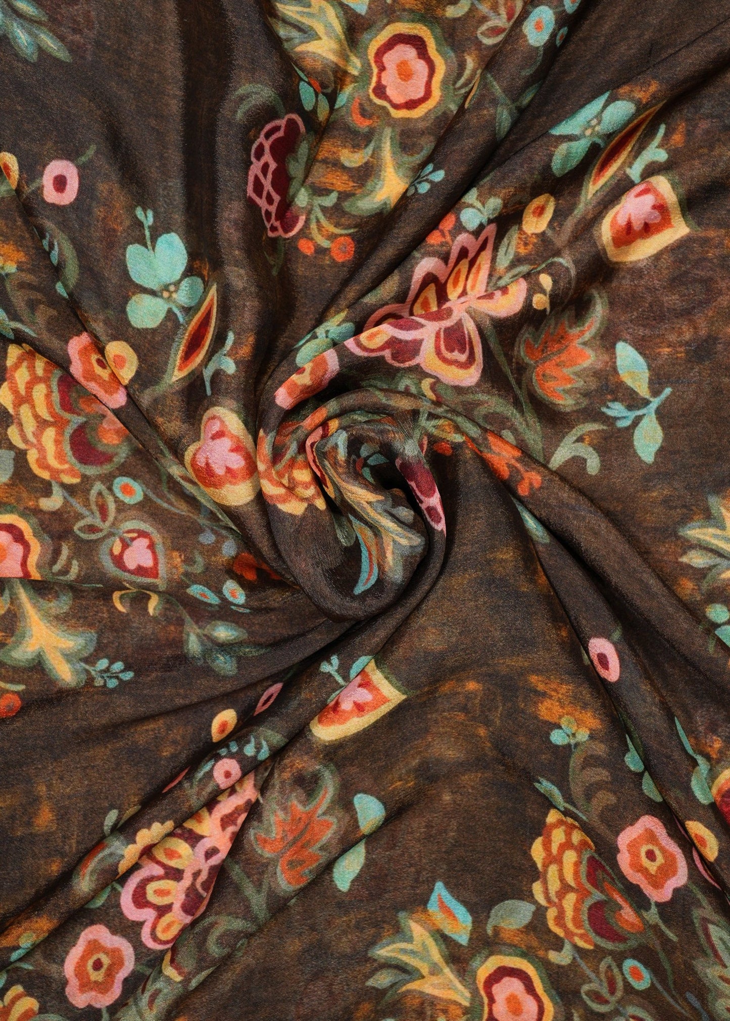 Brown & Yellow Highlighted Printed Pure Chinon Fabric