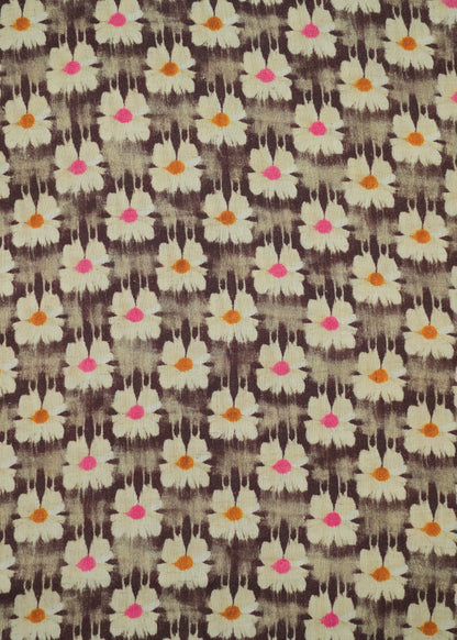 Brown & Warm White Floral Handloom Pure Cotton Printed Fabric