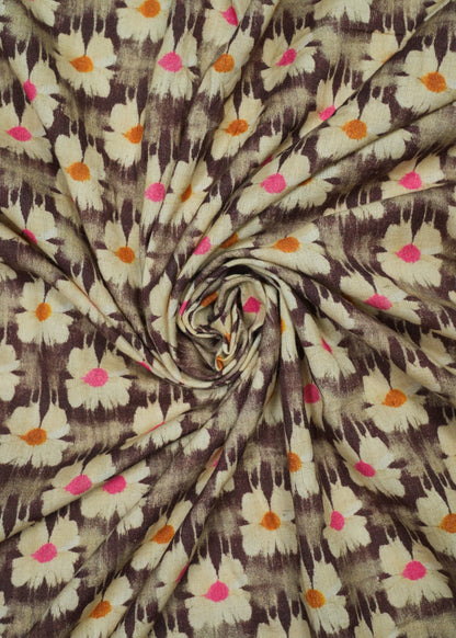 Brown & Warm White Floral Handloom Pure Cotton Printed Fabric