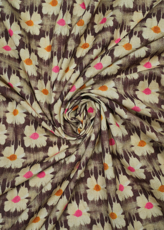Brown & Warm White Floral Handloom Pure Cotton Printed Fabric