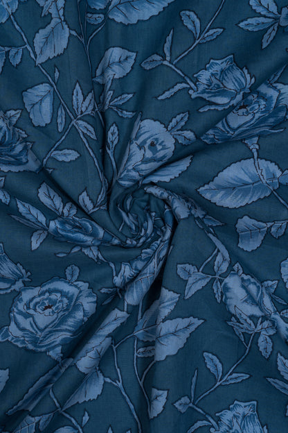 Unisex Dusty Blue Floral Printed Pure Cotton Kurta Fabric & White Pure Cotton Pyjama Fabric (2.5 Meters)