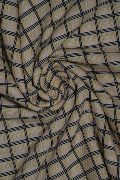 Yellow & Black Checks Handloom Cotton Shirting Fabric (Width 44 Inches)