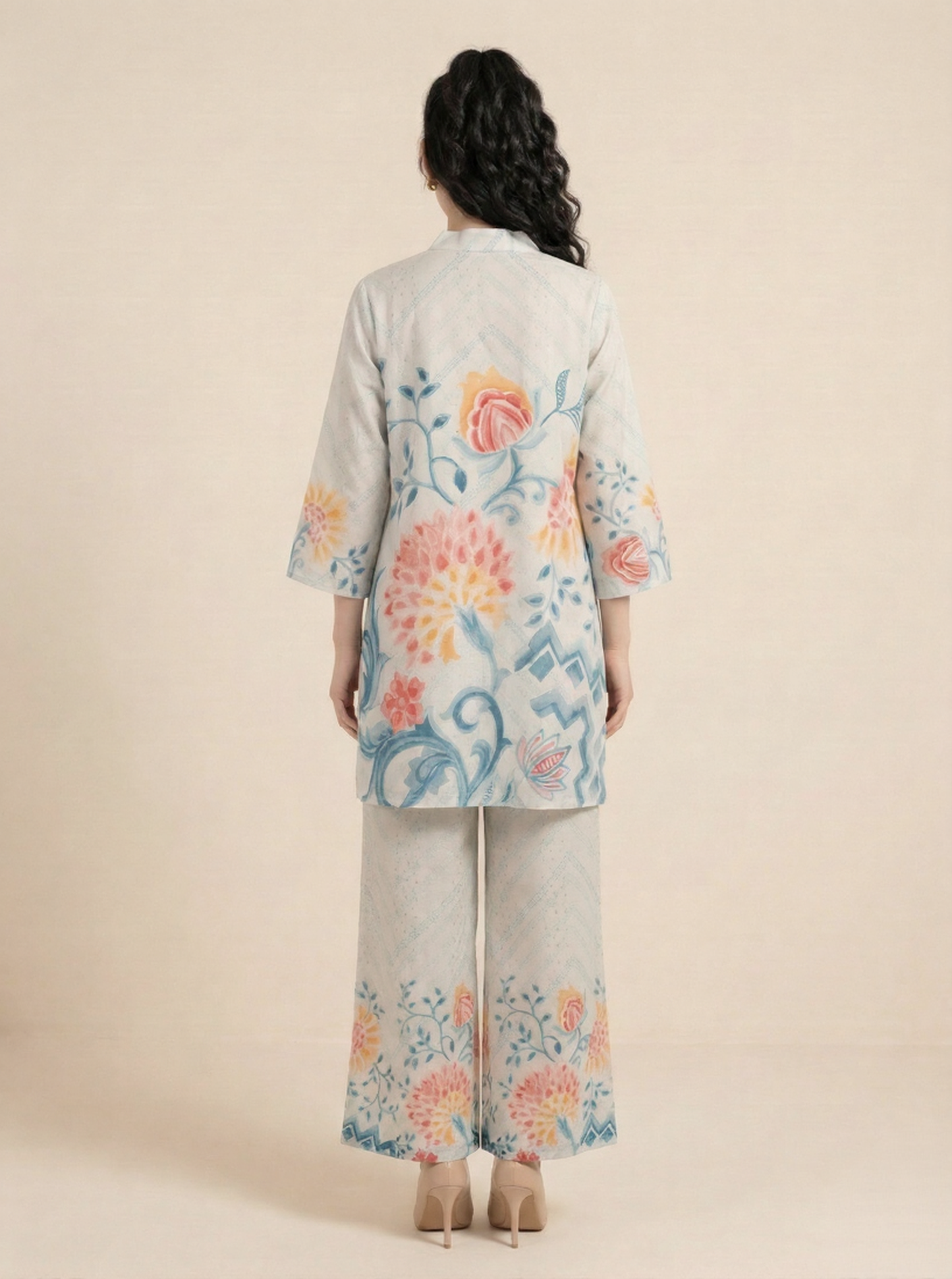Ethereal Floral Cotton V-Neck Co-ord Set with Zari