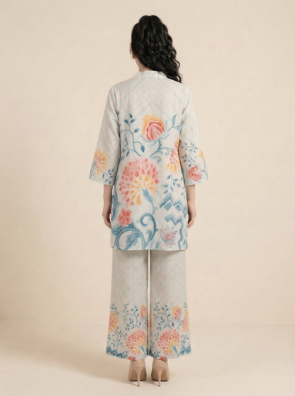 Ethereal Floral Cotton V-Neck Co-ord Set with Zari