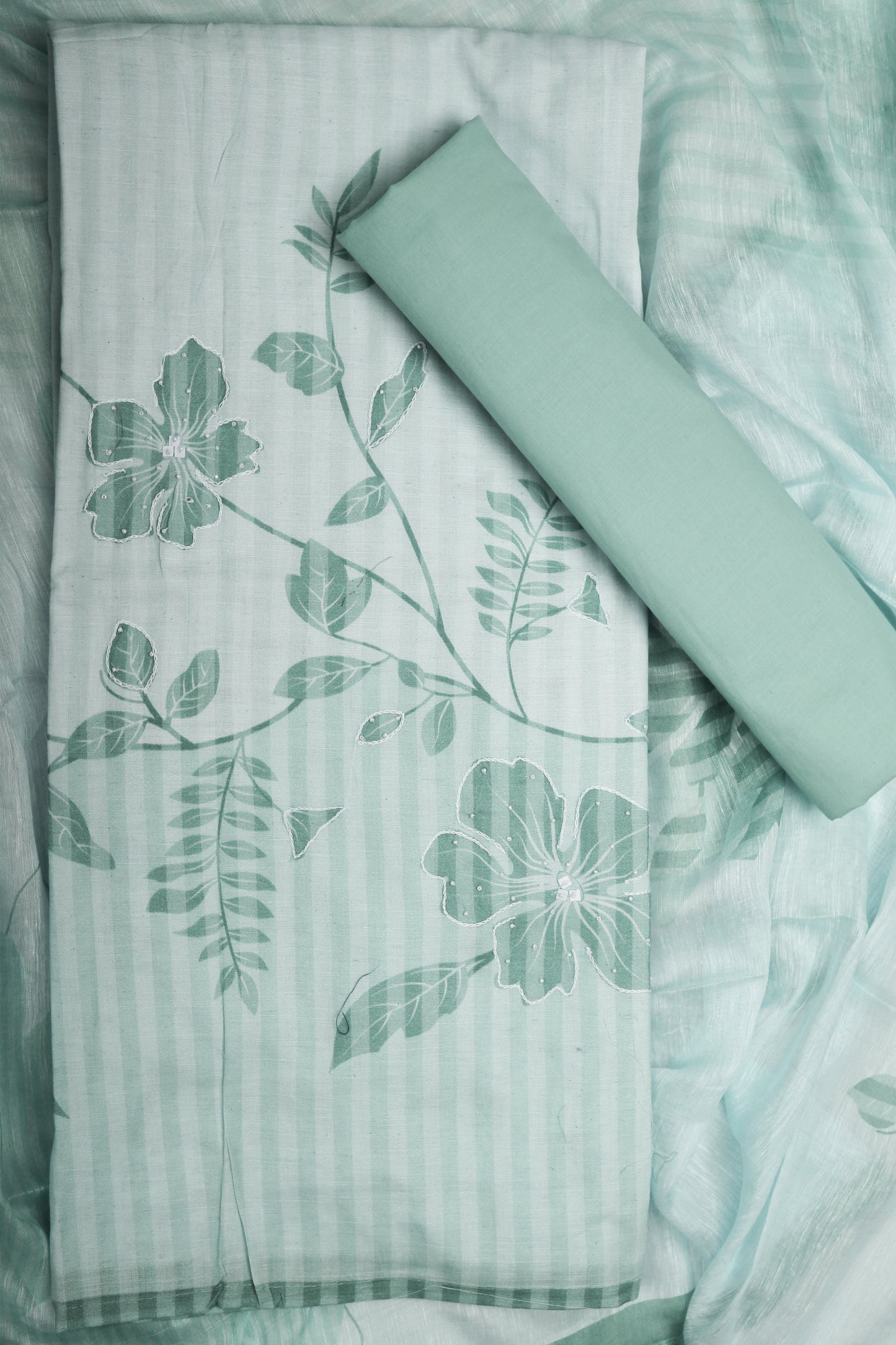 Elegant Green Floral Striped Unstitched Suit Set