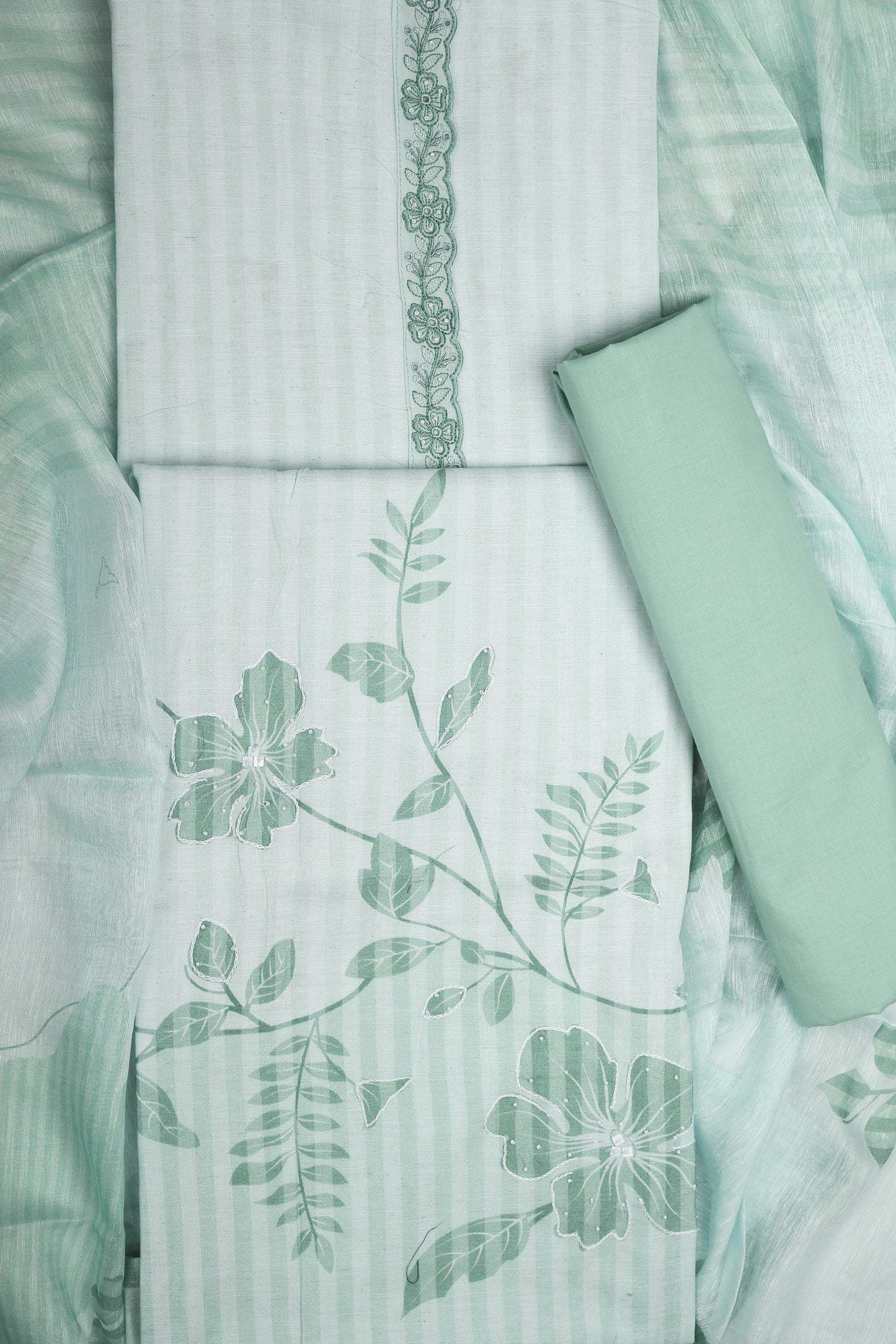 Elegant Green Floral Striped Unstitched Suit Set
