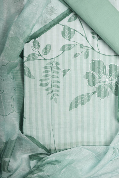 Elegant Green Floral Striped Unstitched Suit Set