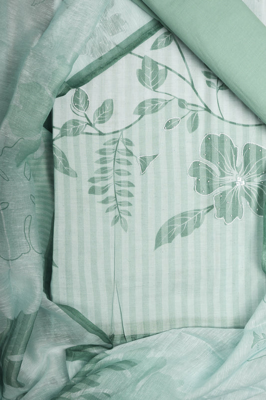 Elegant Green Floral Striped Unstitched Suit Set