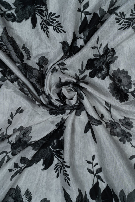 Light Grey & Black Floral Printed Pure Muslin Fabric (Width 44 Inches)