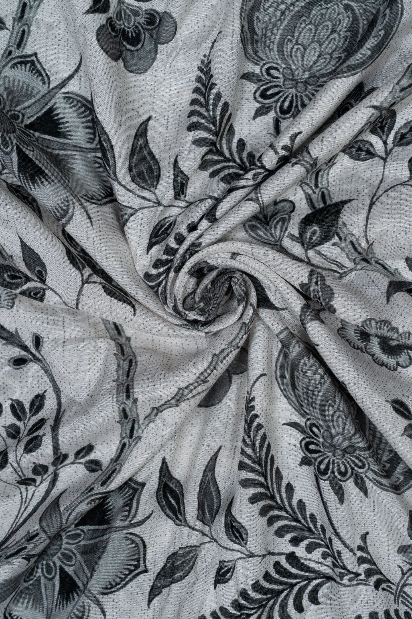 Black & White Floral Garden Printed Pure Muslin Fabric (Width 44 Inches)