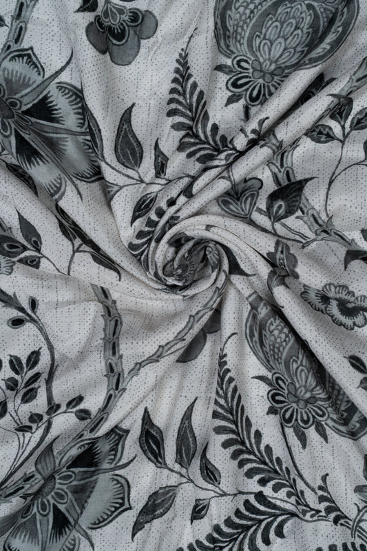 Black & White Floral Garden Printed Pure Muslin Fabric (Width 44 Inches)