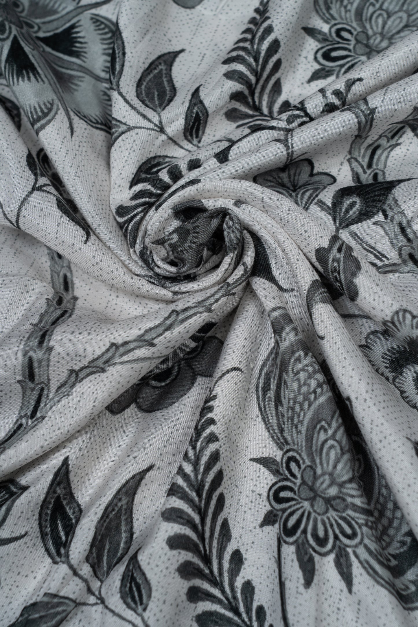 Black & White Floral Garden Printed Pure Muslin Fabric (Width 44 Inches)
