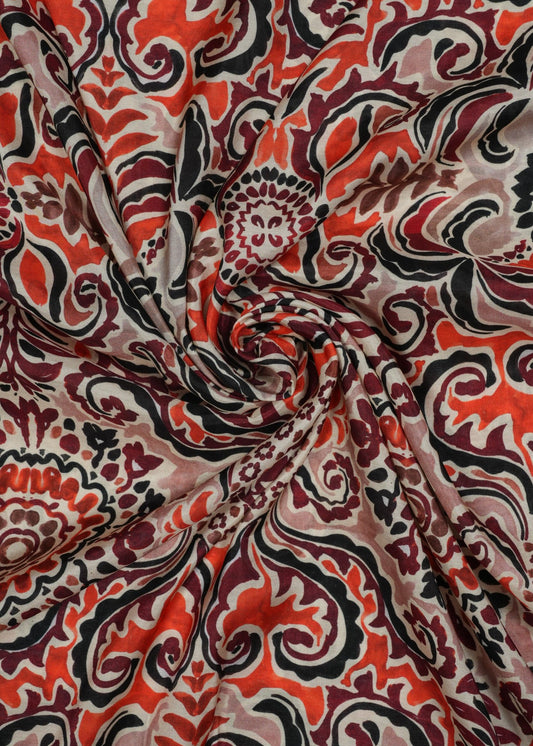 Brown & Orange Ikkat Pure Muslin Printed Fabric