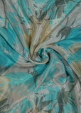 Silver & Aqua Blue Floral Printed Pure Chinon Fabric