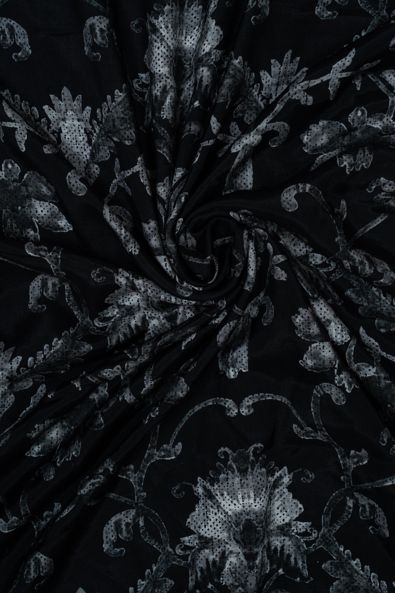 All Black Vintage Floral Printed Pure Muslin Fabric (Width 44 Inches)