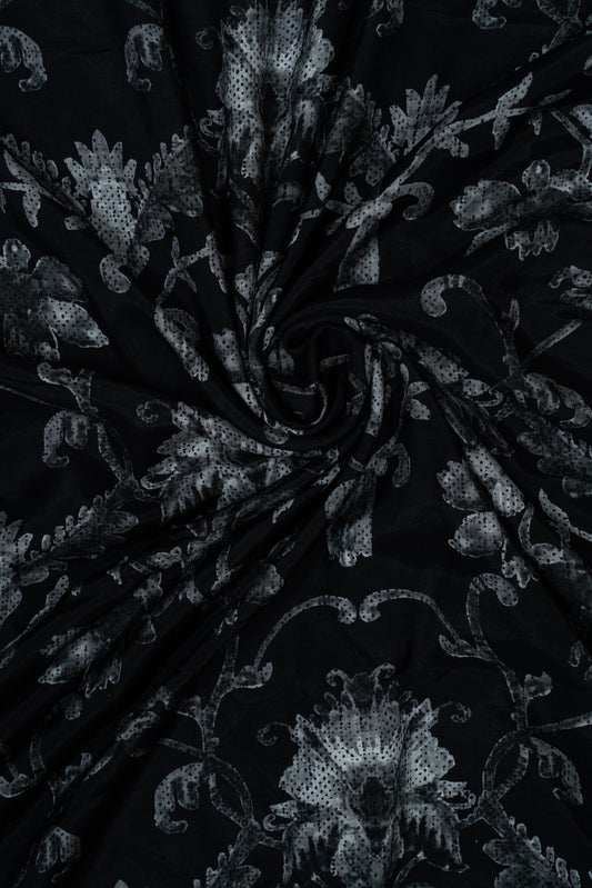 All Black Vintage Floral Printed Pure Muslin Fabric (Width 44 Inches)